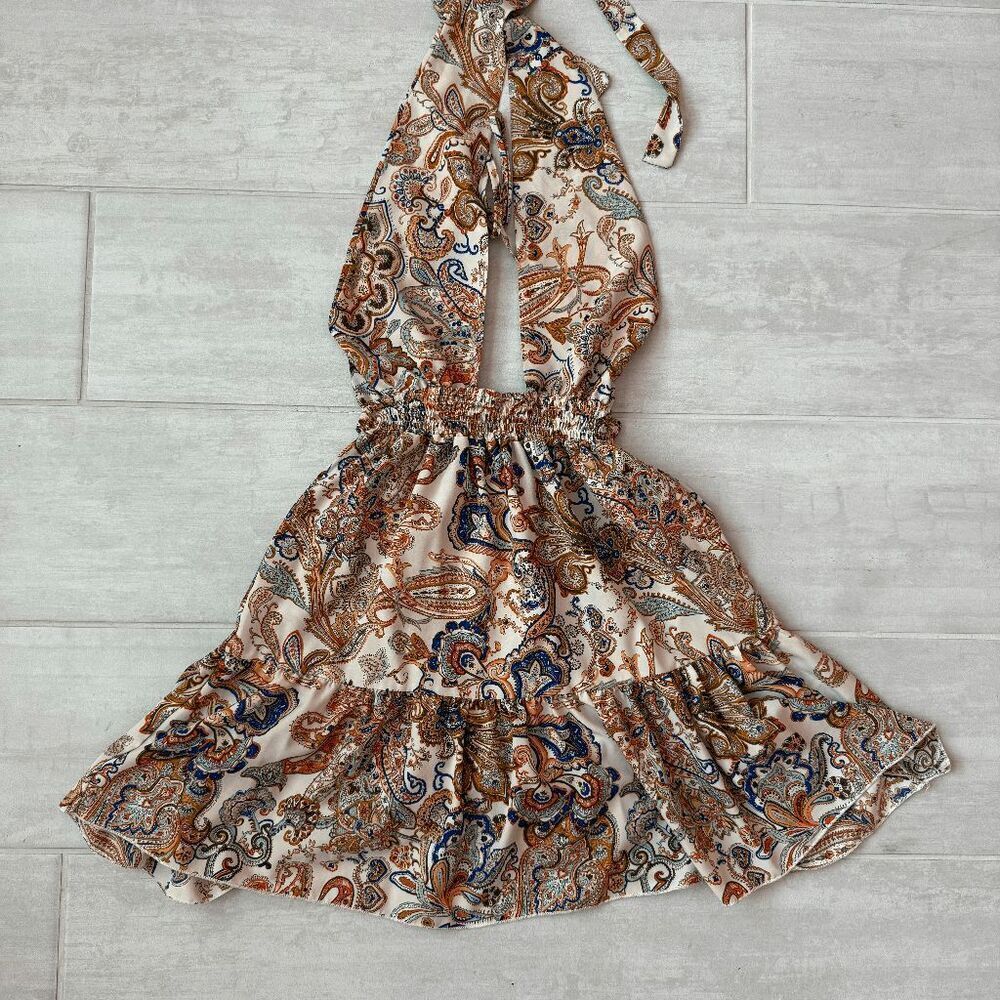 SHEIN Mini Dress Paisley Print Halter Neck Ruffle Convertible Multi-Way V Neck